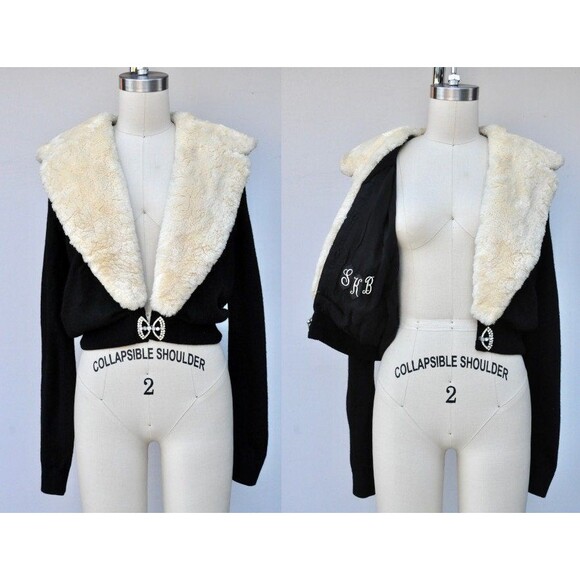 50s Black Cashmere Cardigan with Shearling Fur Collar - Ivory Sheep Wool Fur S M - Picture 1 of 10
